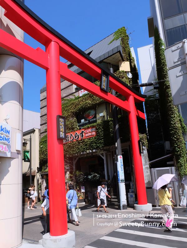 เสาโทริอิสีแดงหน้าทางเข้า ถนนโคมาจิโดริ (Komachi-dori Street) 